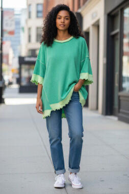 Oversized Green Ribbed Tunic Top with Contrast Trim and Frayed Hem